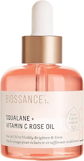 BIOSSANCE Squalane + Vitamin C Rose Advanced Facial Oil - Brightening, Firming, and Hydrating Serum for All Skin Types - Chios Crystal Oil, Damascus Rose Extract & Squalane for Radiance