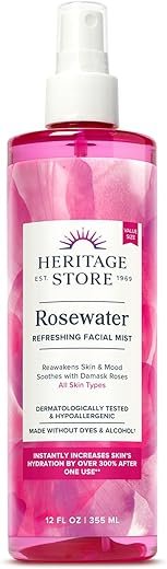 HERITAGE STORE Rosewater - Refreshing Face Mist with Damask Rose, All Skin Types - Hydrating Rose Water Spray for Glowing Skin Care - No Dyes or Alcohol, Hypoallergenic, Vegan, 60-Day Guarantee, 12oz