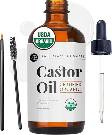 Kate Blanc Cosmetics Castor Oil Organic for Hair, Lashes, Face (2oz), 100% Pure, Cold Pressed, Hexane Free Hair Oil. Lash Serum for Thicker-Looking Eyelashes & Eyebrows