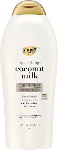 OGX Nourishing + Coconut Milk Conditioner, Hydrating & Restoring Conditioner Moisturizes for Soft Hair After the First Use, Paraben-Free, Sulfate-Free Surfactants, 25.4 fl. oz
