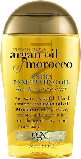 OGX Renewing + Argan Oil of Morocco Hair Oil, Extra Strength Penetrating Serum Treatment for Dry, Damaged, Frizzy, Curly & Coarse Hair, Cold-Pressed Argan Oil, Shine, 3.3 Fl Oz