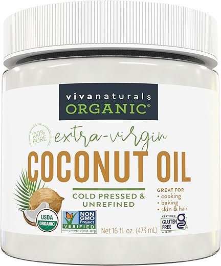 Viva Naturals Organic Coconut Oil, 16 fl oz – Unrefined, Cold-Pressed Extra Virgin Coconut Oil, USDA Organic & Non-GMO, Natural Cooking Oil, Hair Oil & Skin Oil